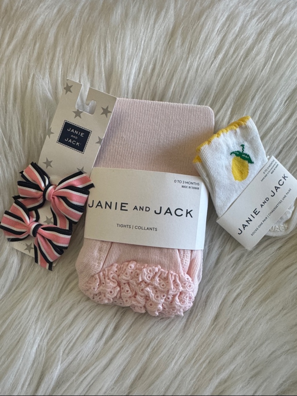 Janie and Jack Light Pink Ruffle Tights with Pink Ribbon Bow & Lemon Socks 0-3M